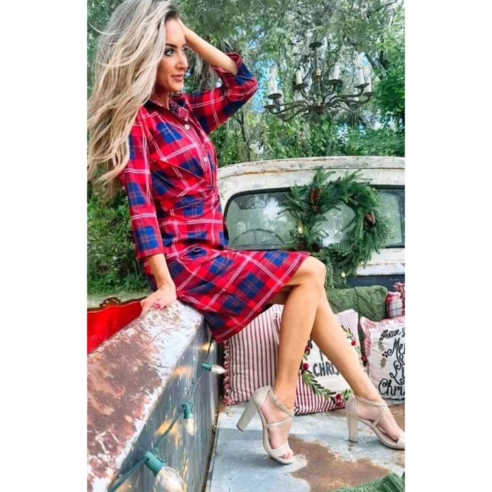 Gretchen Scott Twist & Shout Dress in Middleton Plaid Red Size 18 Diva Collared - Picture 3 of 8